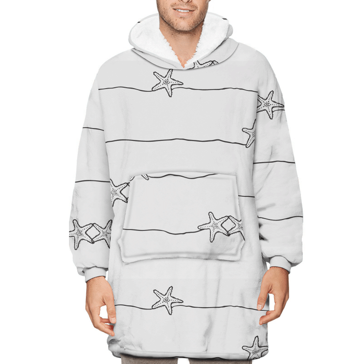 Simple Hand Drawn Continuous Lines Starfish Pattern Unisex Sherpa Fleece Hoodie Blanket