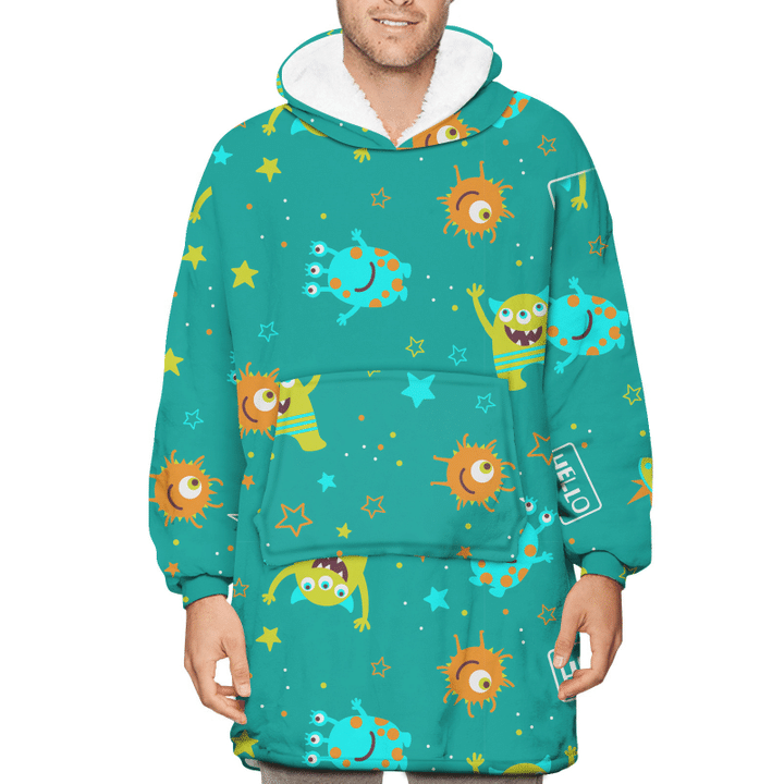 Cute Monsters Say Hello Illustration With Stars On Green Background Unisex Sherpa Fleece Hoodie Blanket
