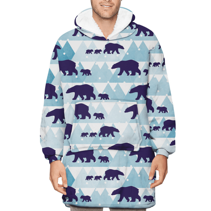 Seasonal Winter Polar Bears And Mountain Pattern Unisex Sherpa Fleece Hoodie Blanket
