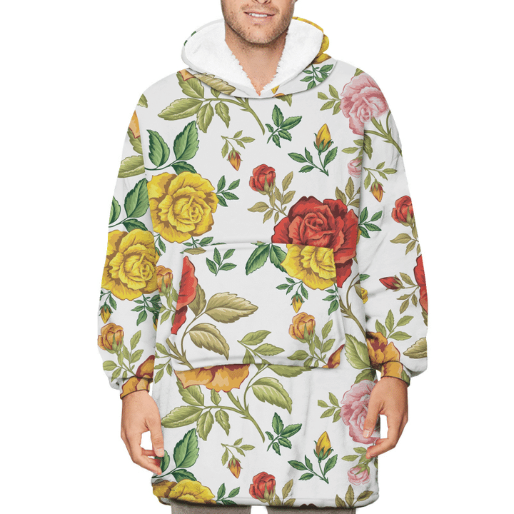 Colorful Roses Branch Art Pattern On White Background Unisex Sherpa Fleece Hoodie Blanket