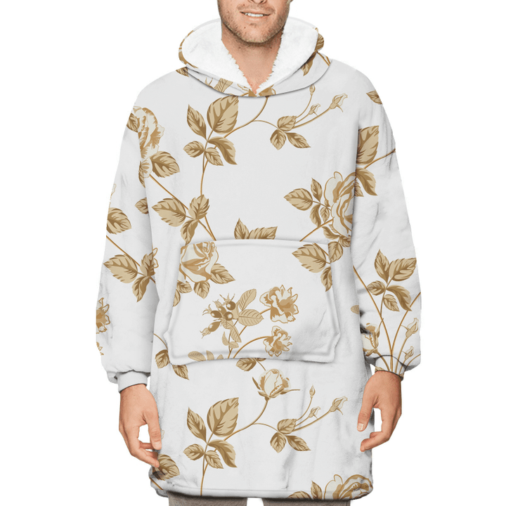 Trendy Floral Background With Golden Roses Flowers Design Unisex Sherpa Fleece Hoodie Blanket