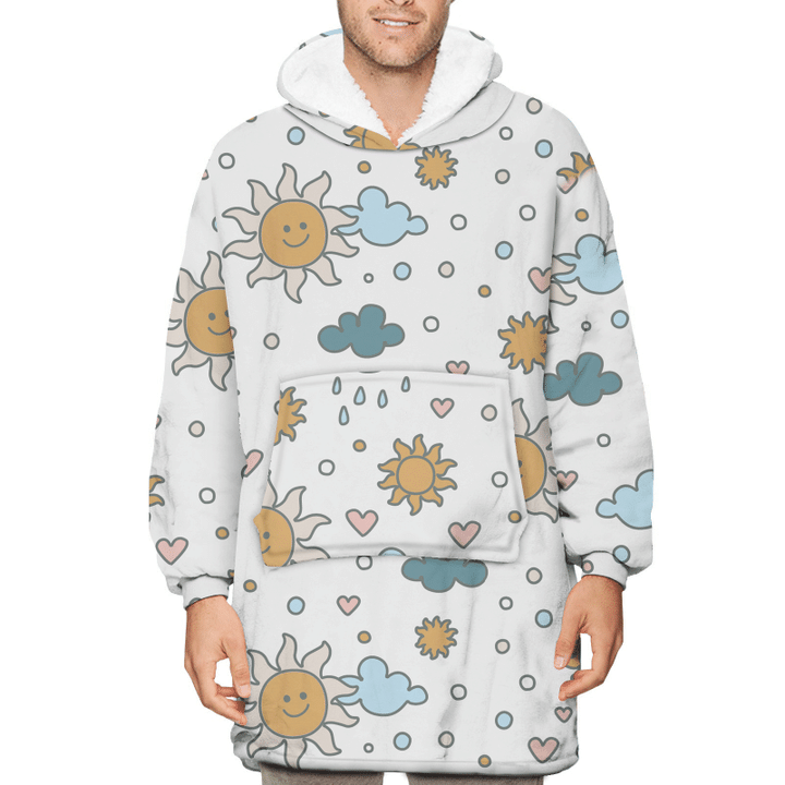 Funny Sun With Clouds Drops And Hearts Unisex Sherpa Fleece Hoodie Blanket