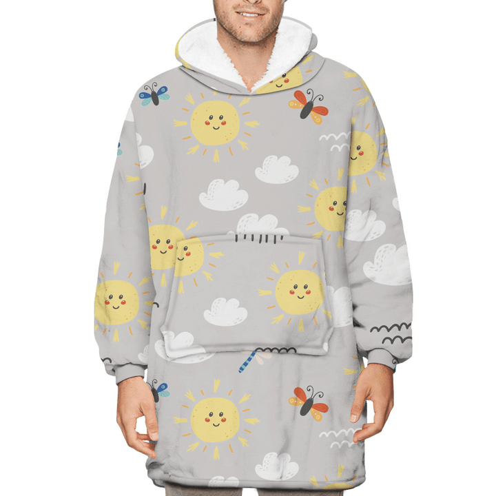 Adorable Sun And Cloud With Butterfly Unisex Sherpa Fleece Hoodie Blanket