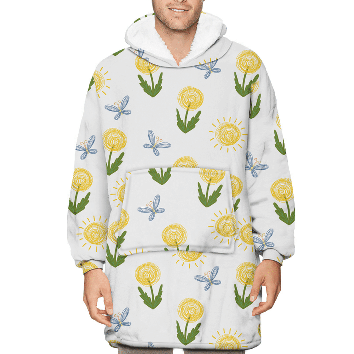 Suns Dandelions And Butterflies On White Background Unisex Sherpa Fleece Hoodie Blanket