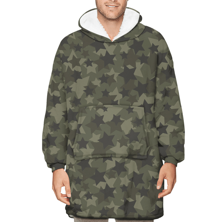 Military Dark Green Camo Textured With Stars Pattern Unisex Sherpa Fleece Hoodie Blanket