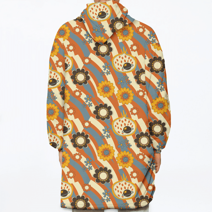 Hippie Pattern With Flowers And Striped On Beige Background Unisex Sherpa Fleece Hoodie Blanket