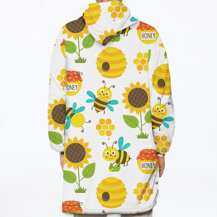 Funny Bees And Icons Of Sunflowers Honey Jar And Hexagon Pattern Unisex Sherpa Fleece Hoodie Blanket