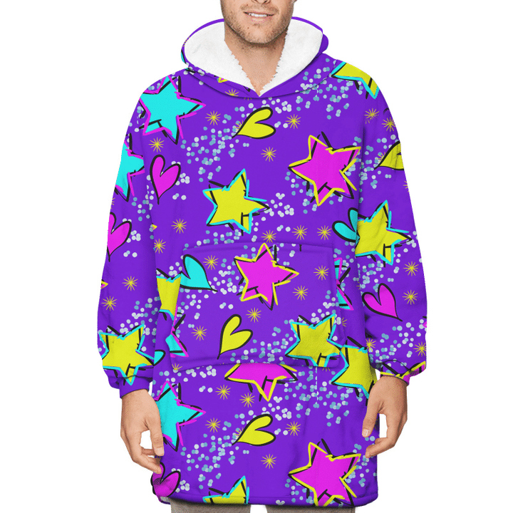 Glitter Dots Purple Background With Hand Drawn Stars Hearts Unisex Sherpa Fleece Hoodie Blanket