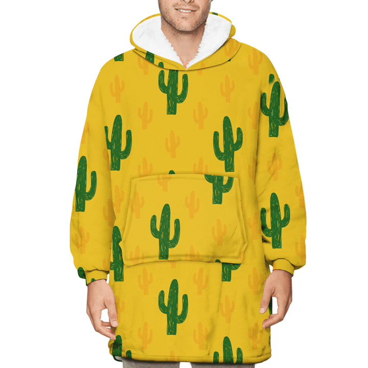 Juicy Cactuses With Shadows On Yellow Background Unisex Sherpa Fleece Hoodie Blanket