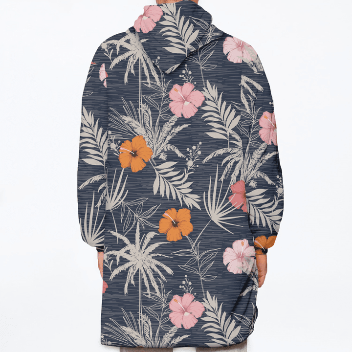 Trendy Hawaiian Style Pattern Colorful Hibiscus Flowers And Tropical Leaves Unisex Sherpa Fleece Hoodie Blanket