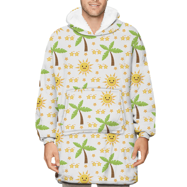 Cute Sun With Glasses And Palm Trees Unisex Sherpa Fleece Hoodie Blanket