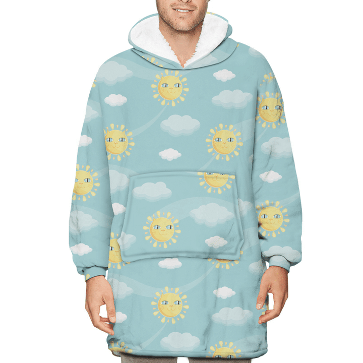 Funny Sun Face And Cloud In The Sky Unisex Sherpa Fleece Hoodie Blanket