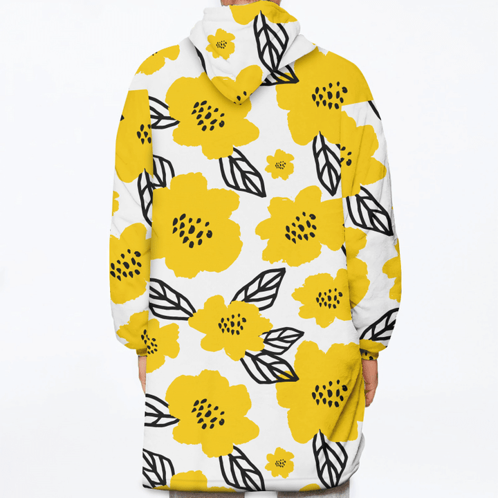 White Background With Doodle Yellow Floral And Leaves Pattern Unisex Sherpa Fleece Hoodie Blanket