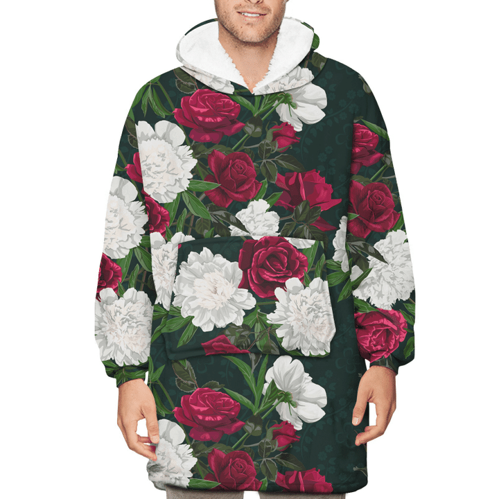 Red Roses And White Peony On A Dark Background Unisex Sherpa Fleece Hoodie Blanket