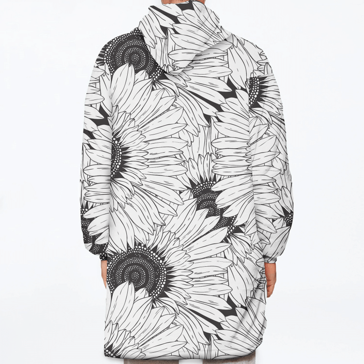 Modern Abstract Black And White Sunflowers Pattern Unisex Sherpa Fleece Hoodie Blanket