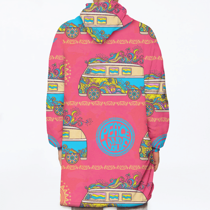 Hippie Vintage Van With Peace Sign On Pink Background Design Unisex Sherpa Fleece Hoodie Blanket