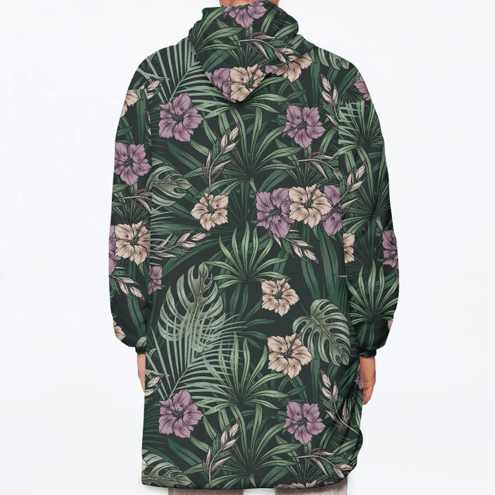 Vintage Tropical Natural Pattern With Blooming Hibiscus Flowers And Exotic Leaves Unisex Sherpa Fleece Hoodie Blanket
