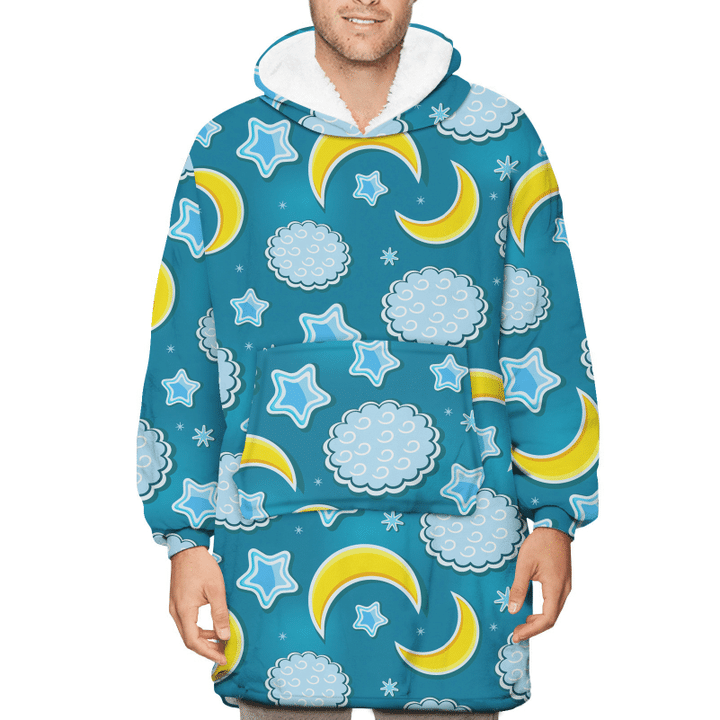 Blue Green Night Sky With Star Fluffy Cloud And Yellow Moon Unisex Sherpa Fleece Hoodie Blanket