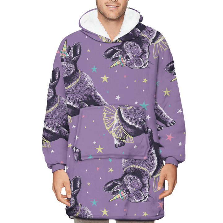 Colorful Stars Night With Cute Little Bunny In Unicorn Horn And Skirt Unisex Sherpa Fleece Hoodie Blanket