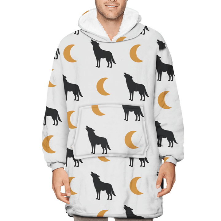 Black Wolf And Gold Moon On White Background Unisex Sherpa Fleece Hoodie Blanket