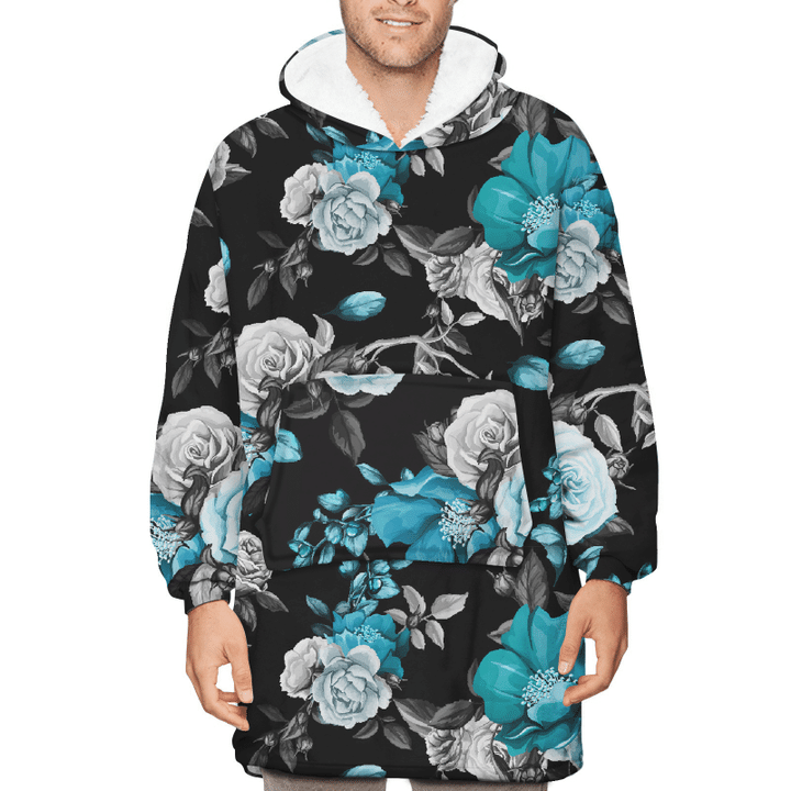 Rose Poppy Pomegranate Flowers Black And Blue Pattern Unisex Sherpa Fleece Hoodie Blanket