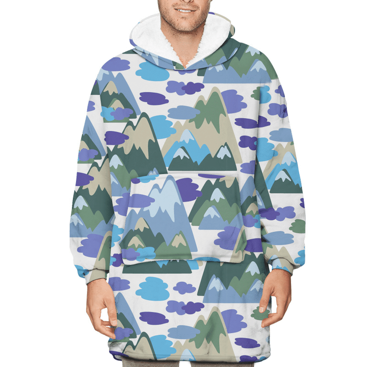 Silhouette Of Mountain With Clouds In Pastel Blue Tones Unisex Sherpa Fleece Hoodie Blanket