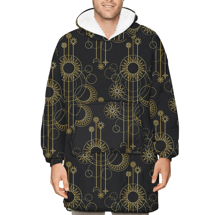 Traditional Ornaments With Mandala Moon Stars On Black Background Unisex Sherpa Fleece Hoodie Blanket
