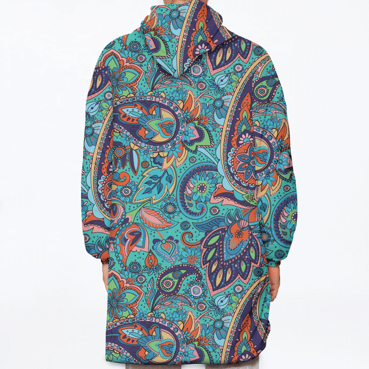 Multicolor Traditional Paisley Pattern With Flowers And Leaves Unisex Sherpa Fleece Hoodie Blanket