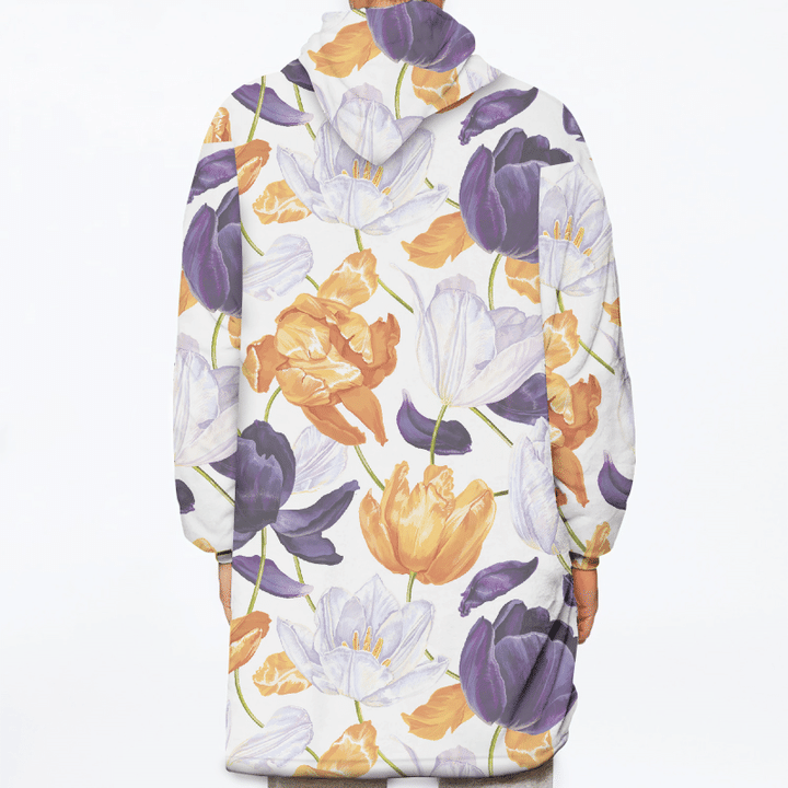 Watercolor Yellow White Dark Purple Tulips Floral Themed Design Unisex Sherpa Fleece Hoodie Blanket