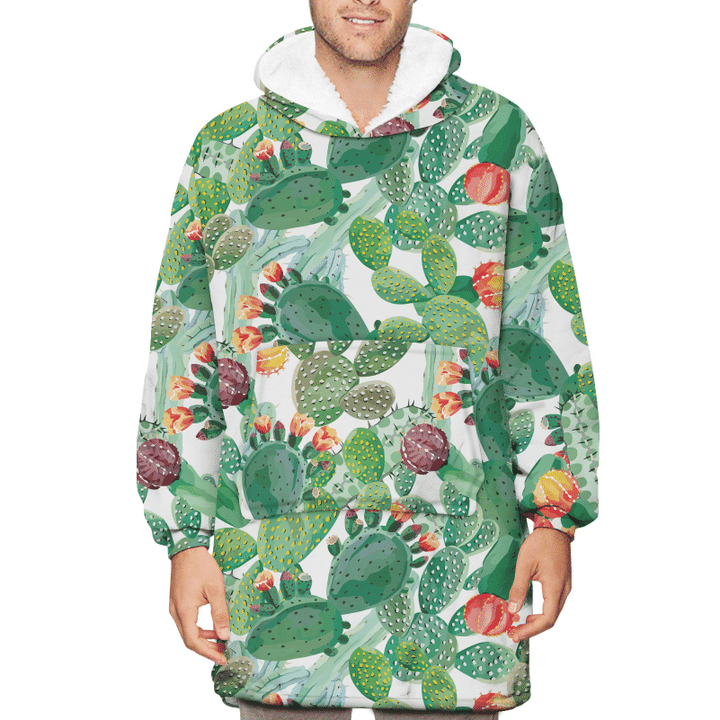 Falling In Love With Cactus On White Background Unisex Sherpa Fleece Hoodie Blanket