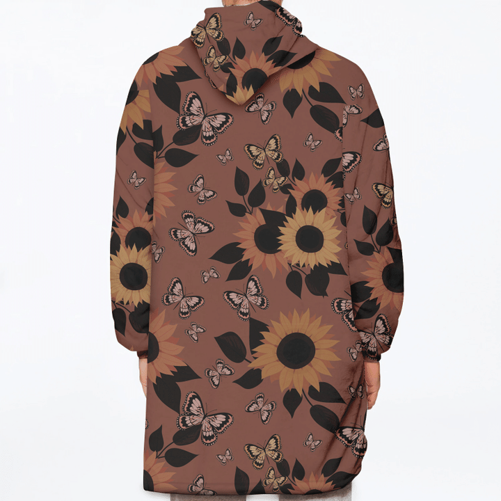 Fairy Butterflies And Sunflowers On Burnt Color Background Unisex Sherpa Fleece Hoodie Blanket