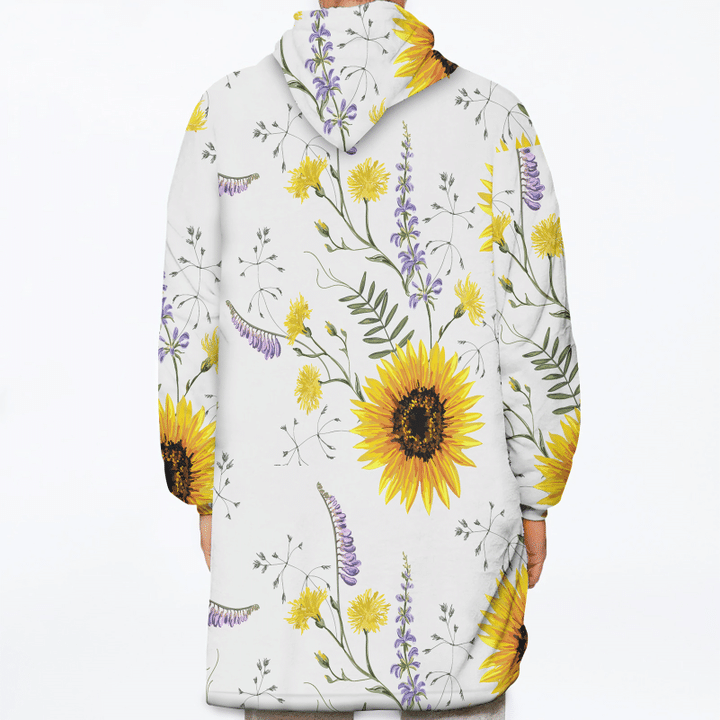 Aesthetic Violet Floral And Sunflower Pattern Unisex Sherpa Fleece Hoodie Blanket