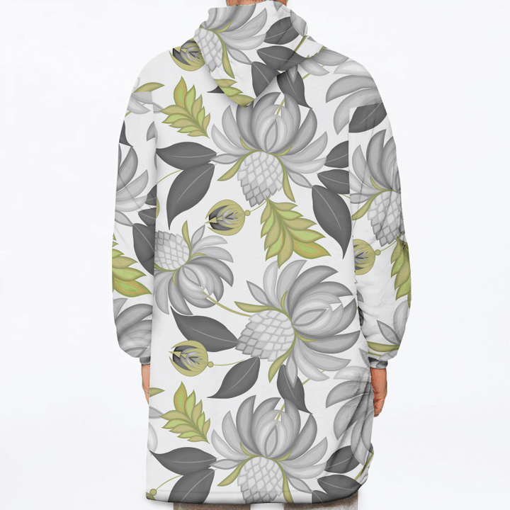 Grey Theme With Fantasy Flowers Vintage Floral Romantic Texture Unisex Sherpa Fleece Hoodie Blanket