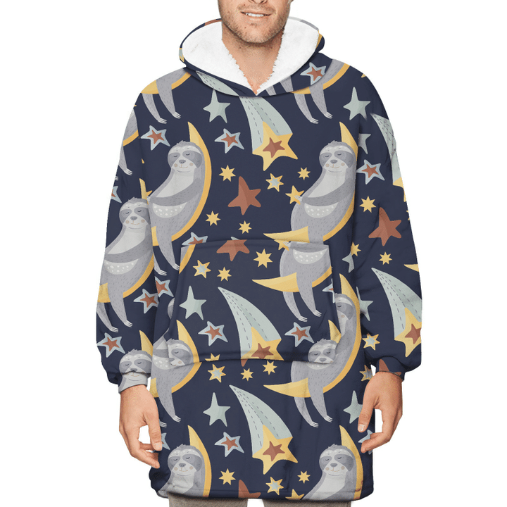 Slow Lazy Animal With Hearts Stars And Flowers Unisex Sherpa Fleece Hoodie Blanket