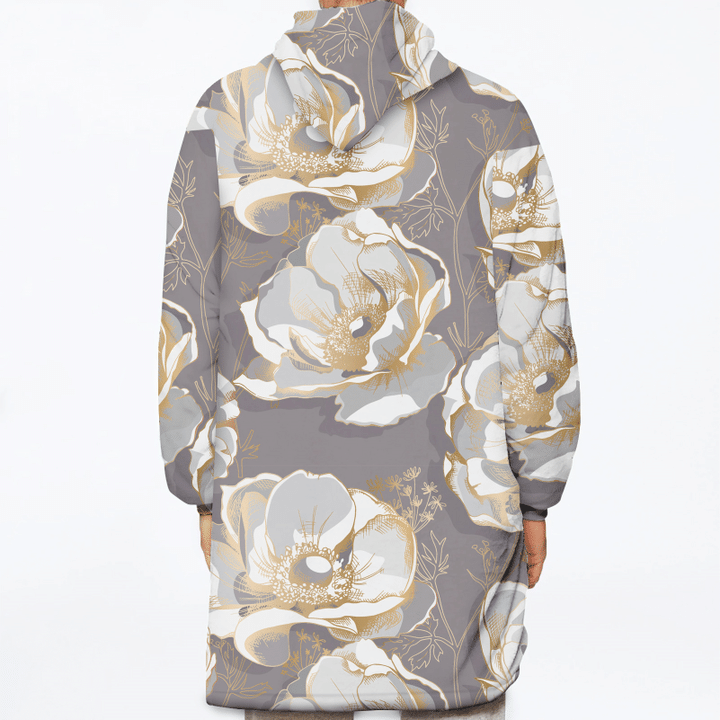 Amazing Gold Anemone Flowers On Grey Background Design Unisex Sherpa Fleece Hoodie Blanket