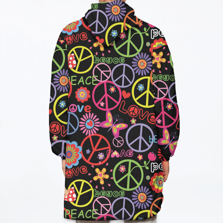 Hippie Pattern With Peace Symbol Mushrooms And Abstract Flowers Unisex Sherpa Fleece Hoodie Blanket