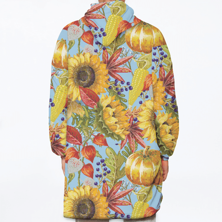 Hello Autumn Season Elements With Pumkin Sunflower And Leaves Unisex Sherpa Fleece Hoodie Blanket