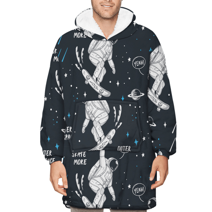 Astronaut Skateboarding In Space With Planets And Stars Unisex Sherpa Fleece Hoodie Blanket