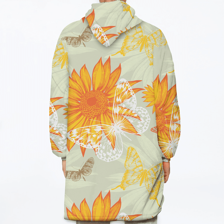 Beautiful Summer Insects And Ornage Sunflower Pattern Unisex Sherpa Fleece Hoodie Blanket