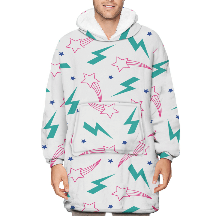 Lightning And Shooting Stars In Blue And Pink Pattern Unisex Sherpa Fleece Hoodie Blanket
