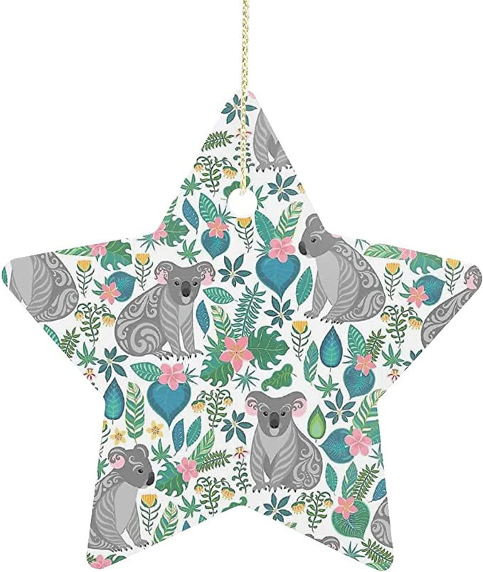 Cute Gray Koalas Tropical Flowers And Leaves Ceramic Star Ornament Christmas Tree Ornaments Decorations