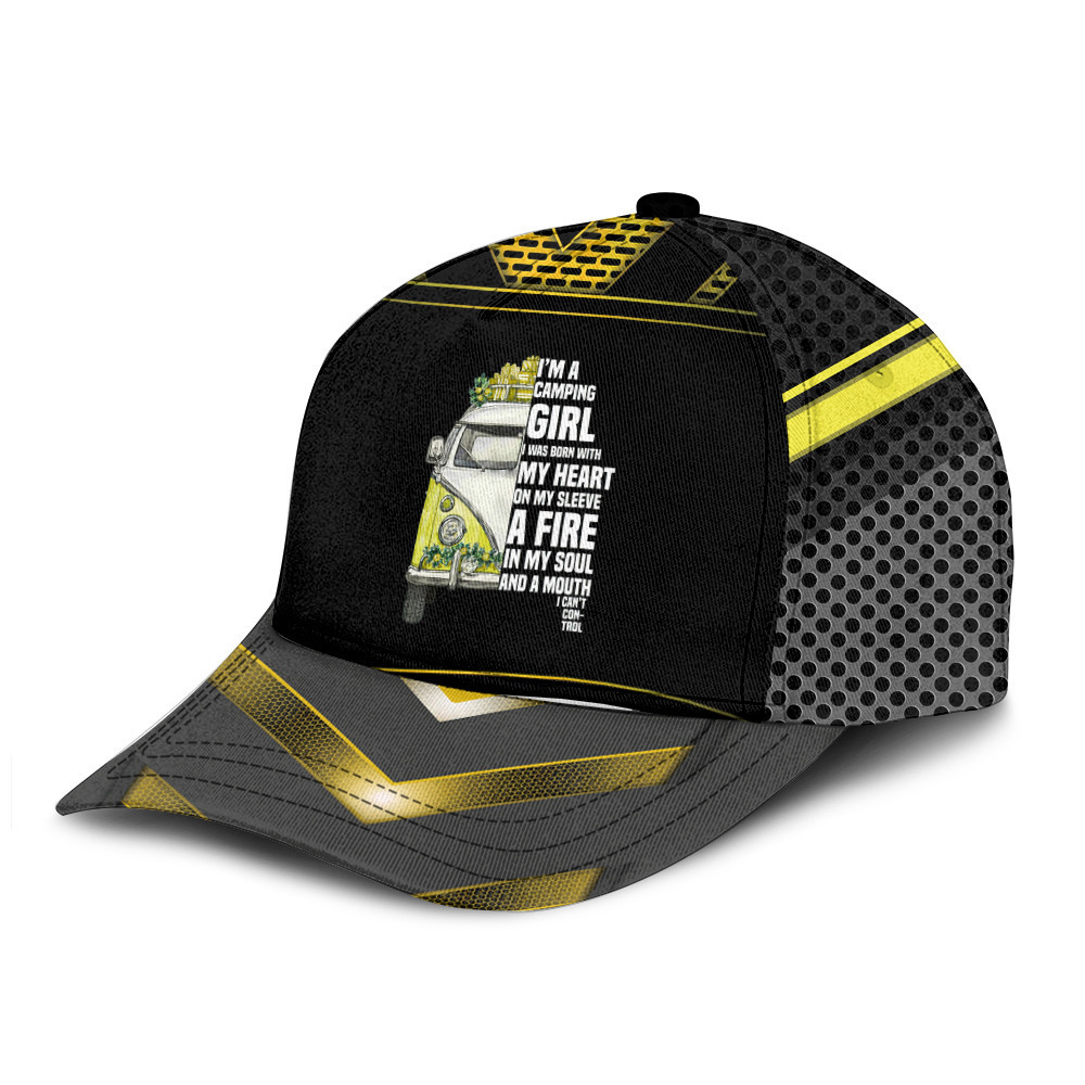 A Fire In My Soul Weekend Camping Bus Yellow Net Illustration Black Baseball Cap Hat