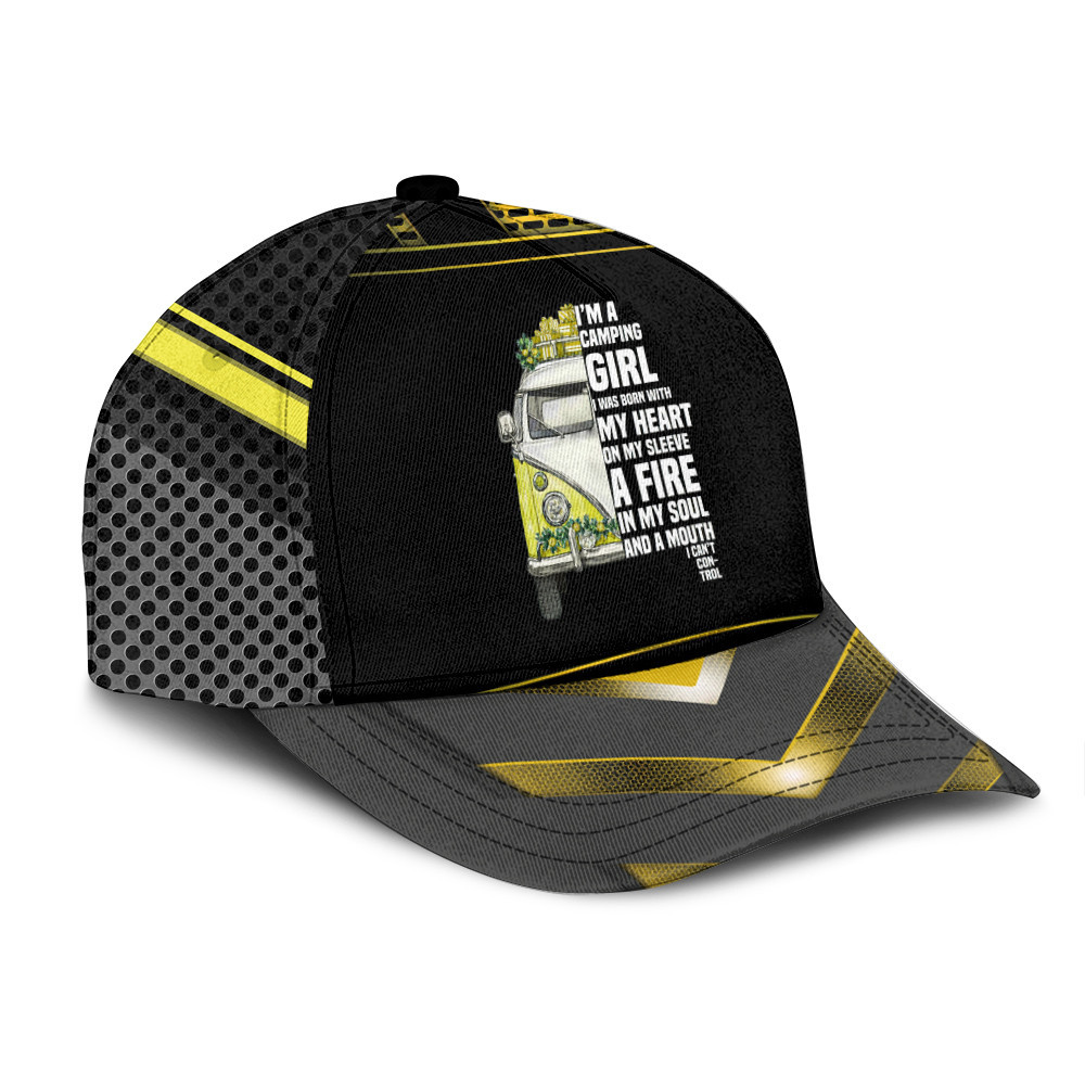 A Fire In My Soul Weekend Camping Bus Yellow Net Illustration Black Baseball Cap Hat