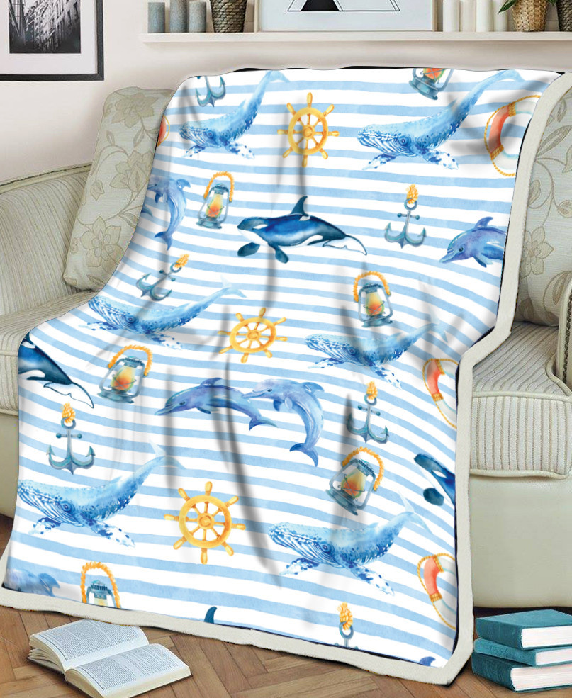Blue Whale And Dolphin Ocean Life Stripes Pattern Printed Sherpa Fleece Blanket