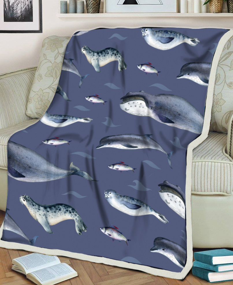 Huge Whale And Dolphin Under The Sea Blue Theme Printed Sherpa Fleece Blanket