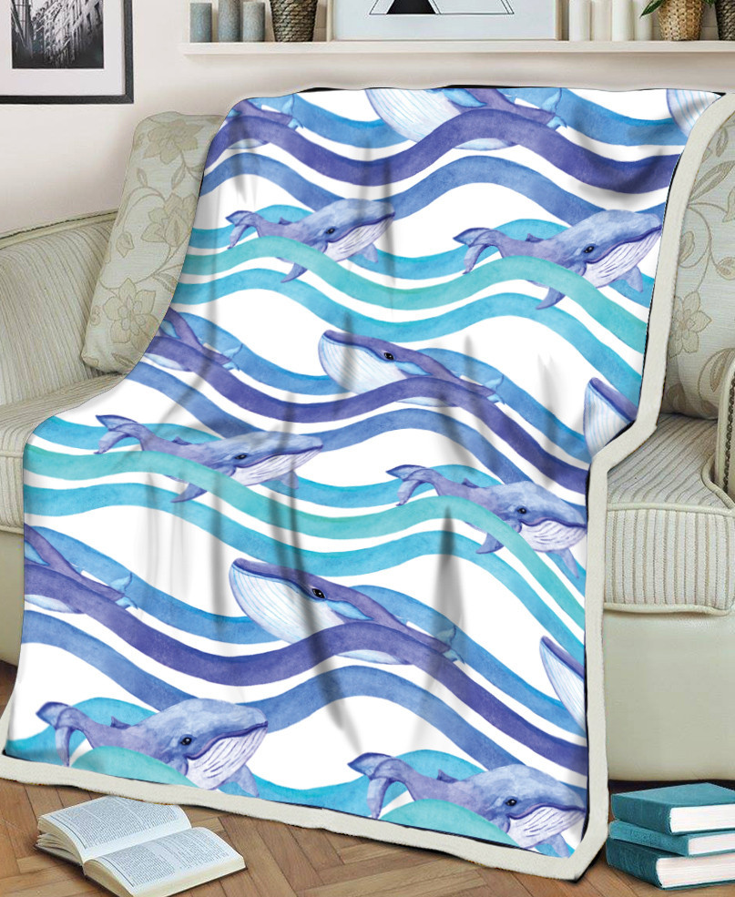 Blue Turtle And Whale Wavy Stripes White Theme Printed Sherpa Fleece Blanket