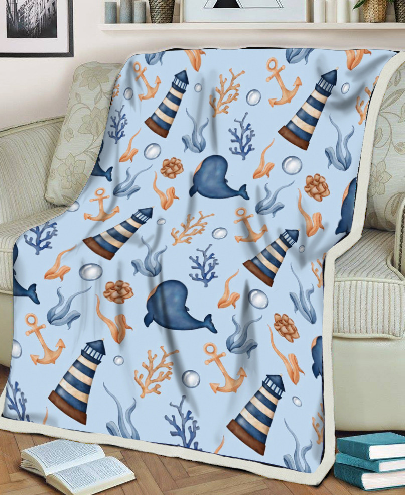 Otter Baby And Lighthouse On Beach Coast Ocean Life Printed Sherpa Fleece Blanket