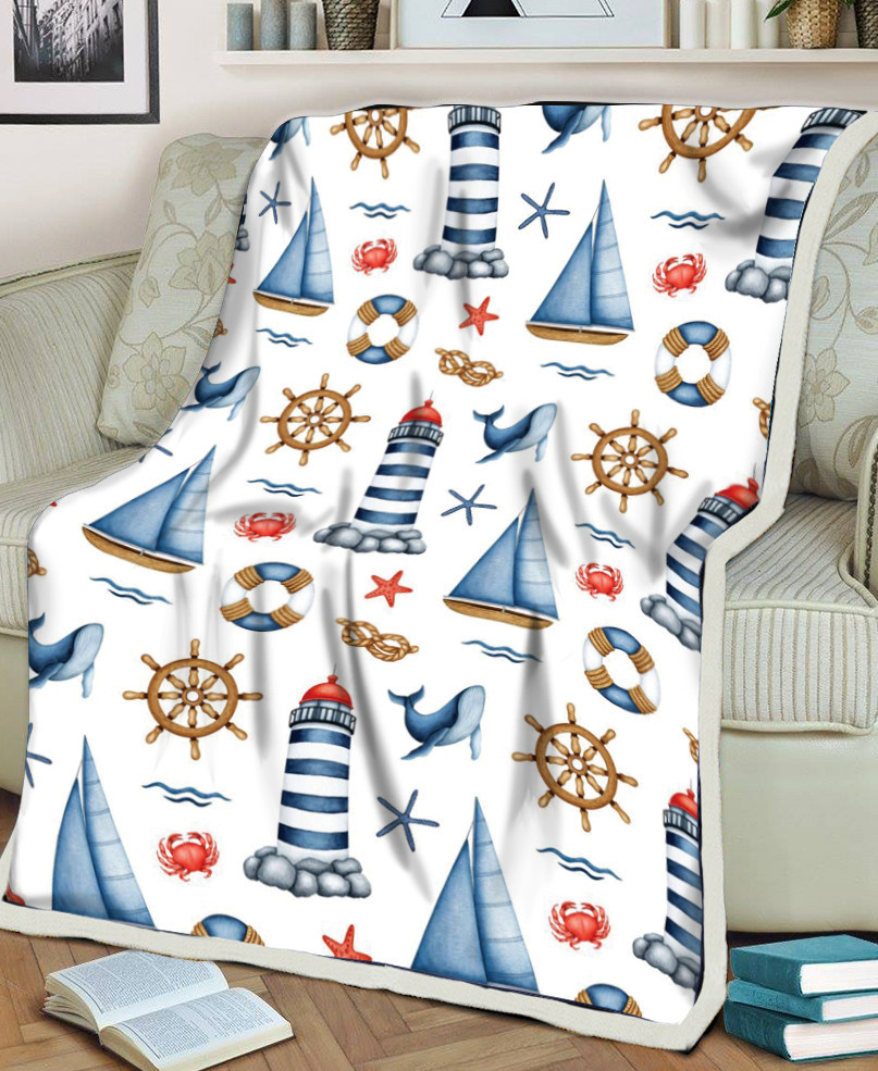Lighthouse And Sailing Boat Ocean Stuffs White Printed Sherpa Fleece Blanket