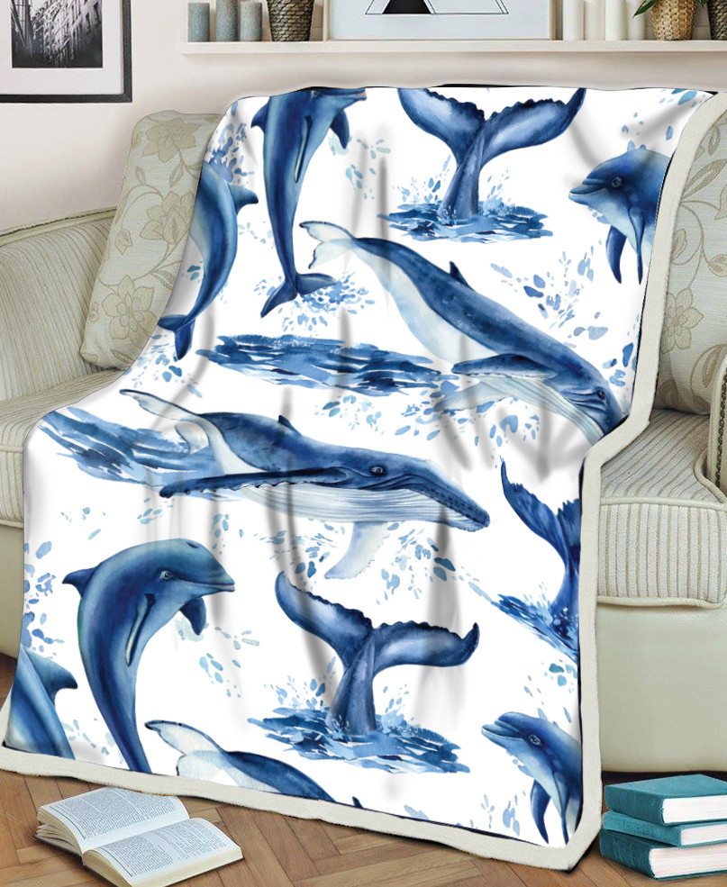 Dolphin And Whale Under The Ocean White Theme Printed Sherpa Fleece Blanket