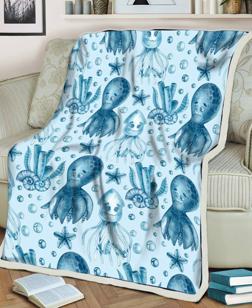 Squid And Octopus Couple Ocean Life Blue Theme Printed Sherpa Fleece Blanket